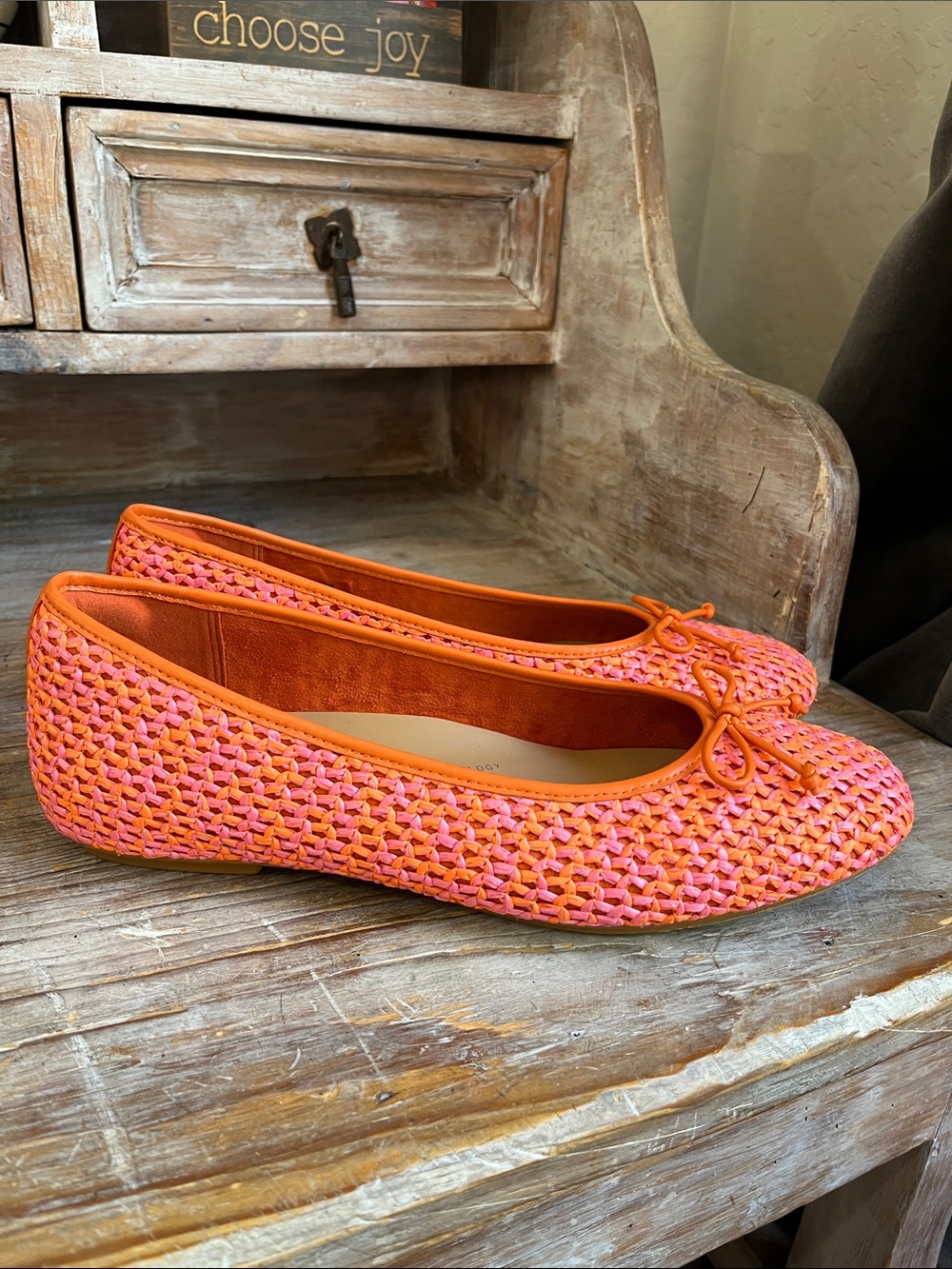 🧡 NWOT FitFlop Delicato Bow Two Tone Woven Ballerinas Pink Orange Size 8.5 Flat